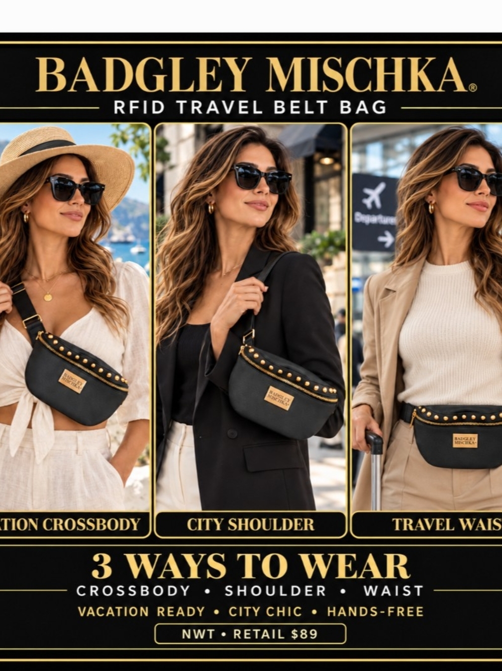 Badgley Mischka Black RFID Travel Belt Bag